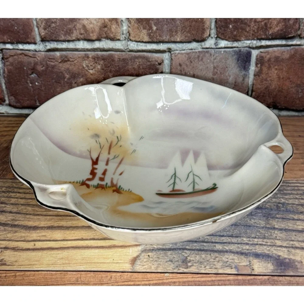 Prov Saxe E S Germany Antique Serving Dish Bowl Clover Shaped Landscape Sailboat